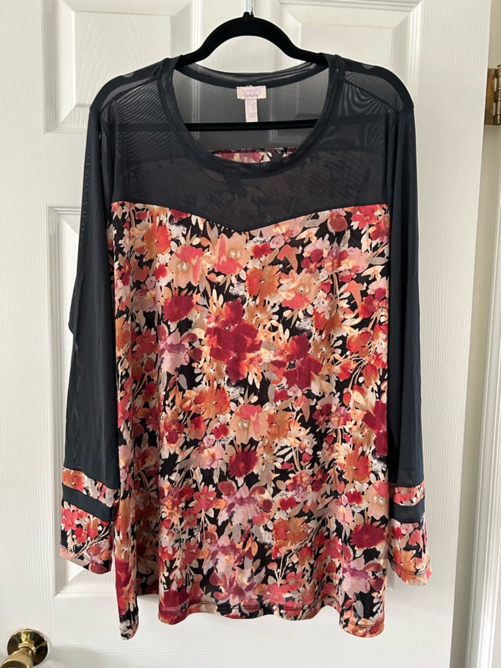 LOGO Womens Floral Mesh Yoke Long-Sleeve Top - Black with Red/Orange Floral